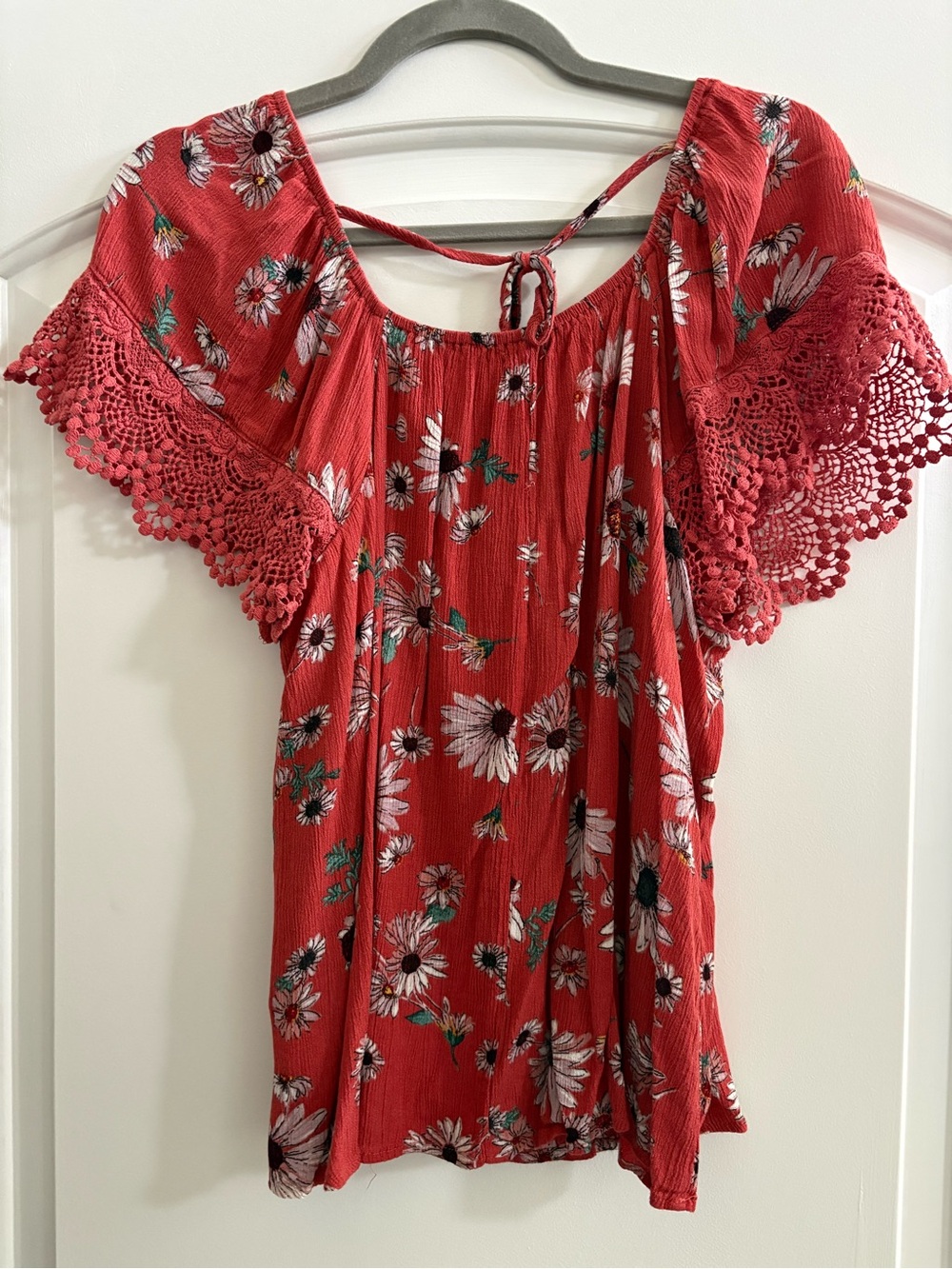 Maurices Red Floral Off-Shoulder Blouse with Crochet Trim